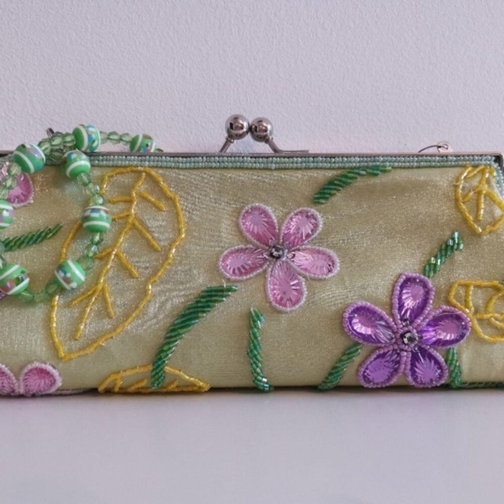 NWT Evening purse clutch bag satin beaded Green Purple Pastels - Picture 4 of 7